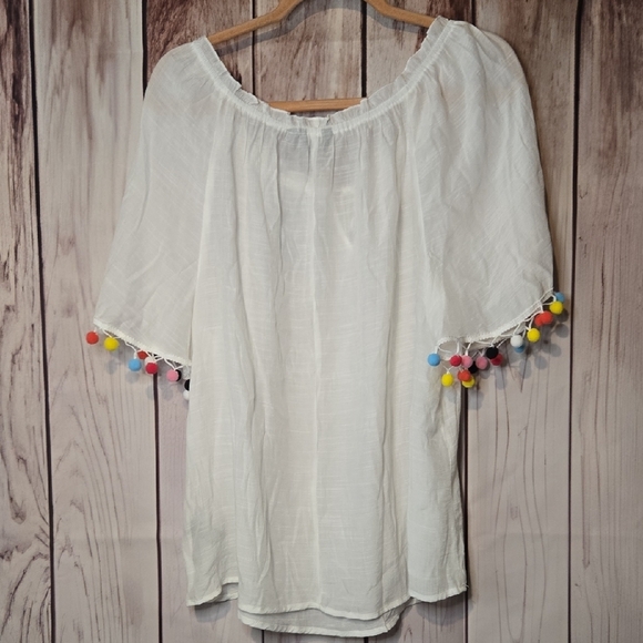 Mlle Gabrielle White Peasant Blouse with Multicolor Pom Poms Womens XL - Picture 8 of 9